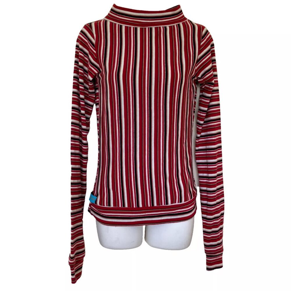 Supernova Red Striped Long Sleeve Top Shirt with Wide Mock Neck